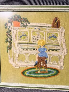 Vintage Crewel Embroidery Wall Art Set Framed Needlework Cottage Scenes (1970s)